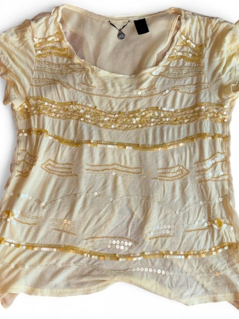 BKE Butter Yellow Short Sleeve Top with Gold Sequin Stripes